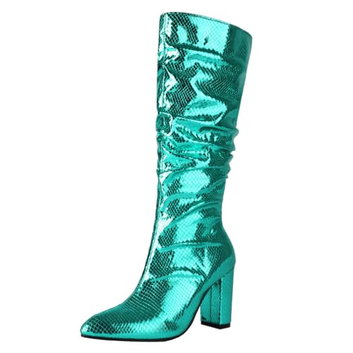 MISSUIT Damen Metallic Stiefel High Heels mit Blockabsatz Spitz Kniehohe Stiefel Glitzer Kniehoch Stiefel Hohe Stiefel Slouchy Schuhe(Grün,41) von MISSUIT