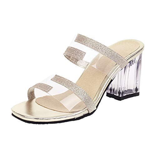 MISSUIT Damen Mules High Heels Sandalen Pantoletten Glitzer Sandaletten mit Blockabsatz Transparent Pantoffeln Outdoor Slipper(Gold,34) von MISSUIT