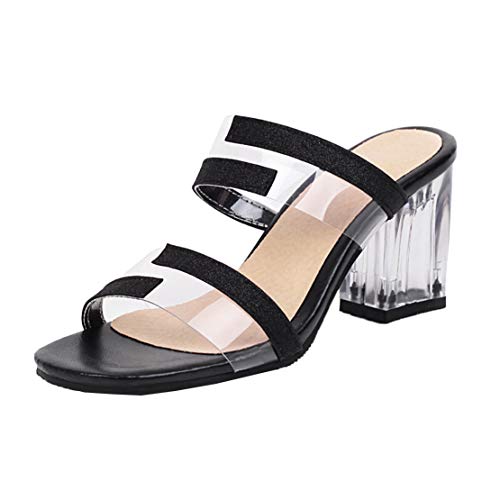 MISSUIT Damen Mules High Heels Sandalen Pantoletten Glitzer Sandaletten mit Blockabsatz Transparent Pantoffeln Outdoor Slipper(Schwarz,35) von MISSUIT