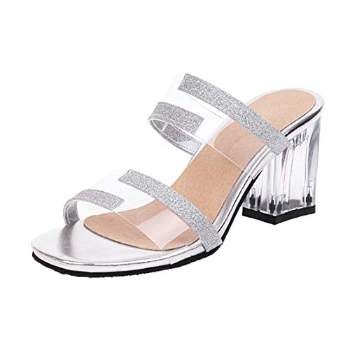 MISSUIT Damen Mules High Heels Sandalen Pantoletten Glitzer Sandaletten mit Blockabsatz Transparent Pantoffeln Outdoor Slipper(Silber,34) von MISSUIT