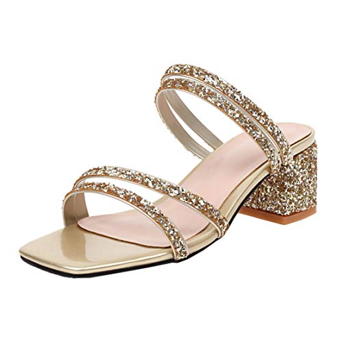 MISSUIT Damen Mules Slingback Blockabsatz Pantoletten mit Pailetten Glitzer Pantoffeln Open Toe Sandalen Outdoor Slipper(Gold,35) von MISSUIT