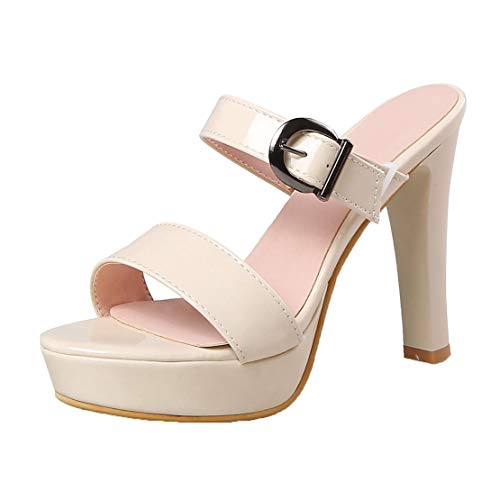 MISSUIT Damen Mules Slingback Pantoletten High Heels Plateau Blockabsatz Sandaletten Schnallen(Beige,34) von MISSUIT