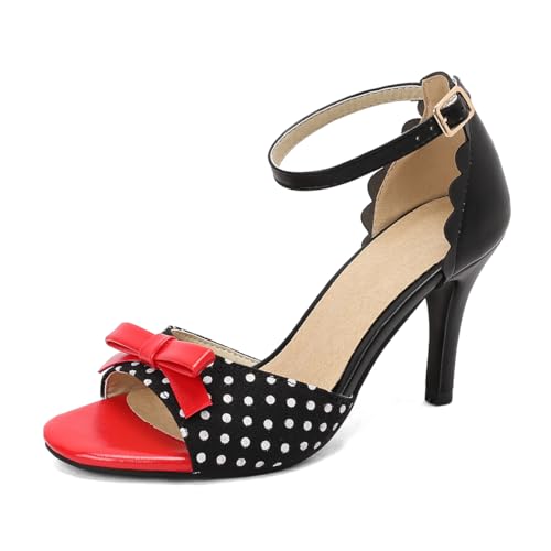 MISSUIT Damen Open Toe Sandalen mit Polka Dots Knöchelriemen Schleife Stiletto(Schwarz,39) von MISSUIT