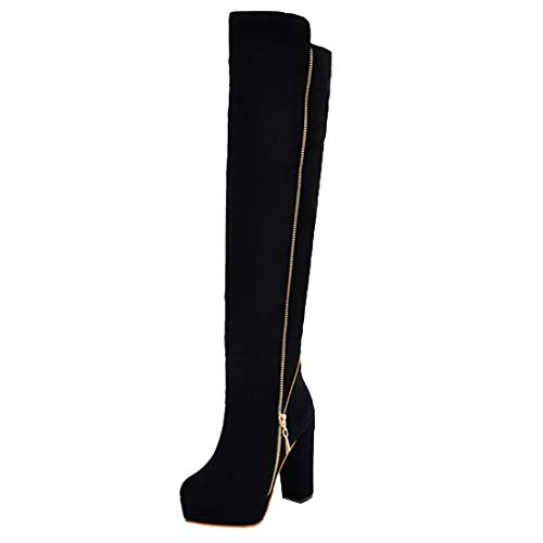 MISSUIT Damen Overknee High Heels Stiefel Plateau Langschaftstiefel Blockabsatz Reißverschluss High Overknee Boots(Schwarz,35) von MISSUIT