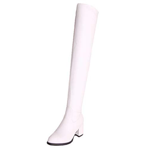 MISSUIT Damen Overknee Stiefel Blockabsatz Chunky Heel Boots mit Reißverschluss 6cm Absatz Hohe Stiefel(Weiß,37) von MISSUIT