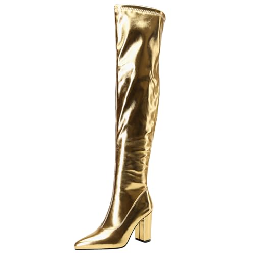 MISSUIT Damen Overknee Stiefel Blockabsatz Glitzer Spitz Metallic Stiefel High Heels Slouchy Stiefel Reißverschluss Schuhe(Gold,36) von MISSUIT