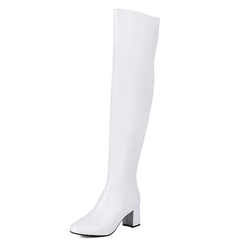 MISSUIT Damen Overknee Stiefel Blockabsatz Reißverschluss High Heels Boots(Weiß,44) von MISSUIT
