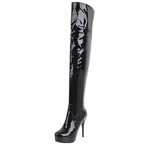 MISSUIT Damen Overknee Stiefel High Heels Plateau Lack Stiletto Boots Winter Schuhe(Schwarz,44) von MISSUIT