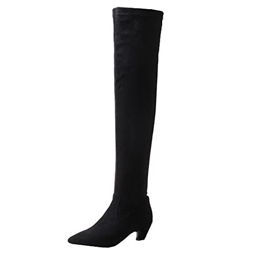 MISSUIT Damen Overknee Stiefel Kleiner Absatz Stiefel mit Kitten Heels Schlupfstiefel Langschaftstiefel Spitz(Schwarz,39) von MISSUIT