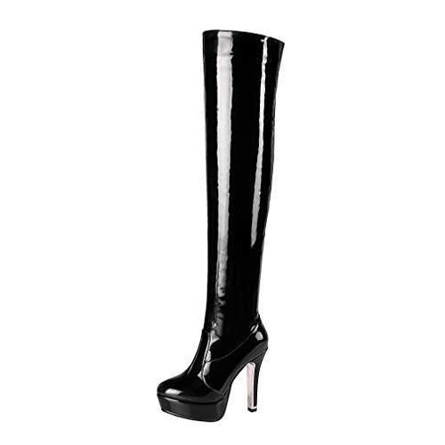 MISSUIT Damen Overknee Stiefel Lack Plateau Stiefel High Heels Stiletto Boots Langschaftstiefel Reißverschluss(Schwarz,46) von MISSUIT