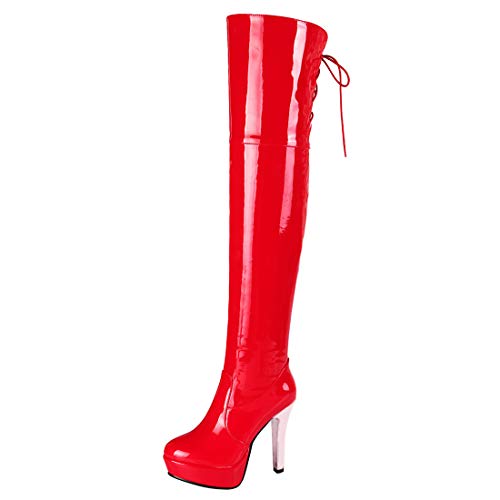 MISSUIT Damen Overknee Stiefel Lack mit Schnürung und Plateau Stiefel Stiletto High Heels Boots Herbst Winter Schuhe (Rot,44) von MISSUIT