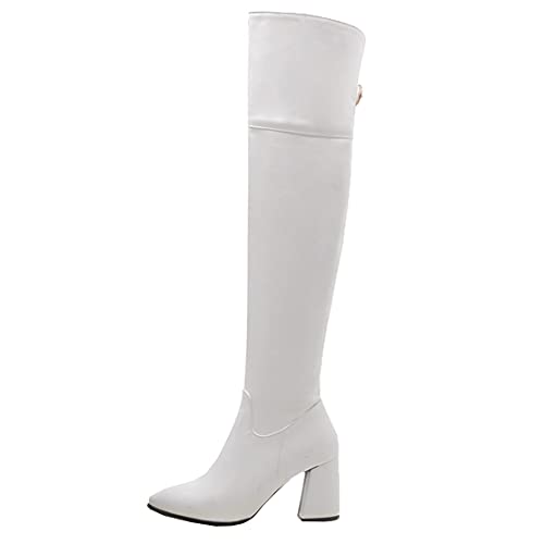 MISSUIT Damen Overknee Stiefel Spitz Blockabsatz High Heels Stiefel Reißverschluss Chunky Heel Langschaftstiefel(Weiß,38) von MISSUIT