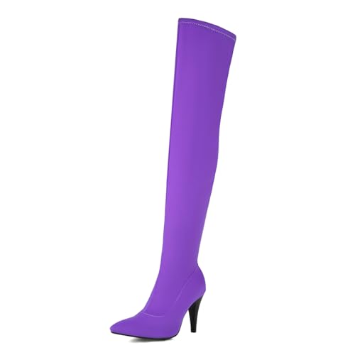 MISSUIT Damen Overknee Stiefel Spitz Hoher Absatz Stretch Stiletto Reißverschluss(Lila,42) von MISSUIT