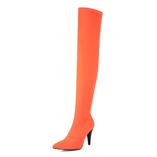 MISSUIT Damen Overknee Stiefel Spitz Hoher Absatz Stretch Stiletto Reißverschluss(Orange,41) von MISSUIT