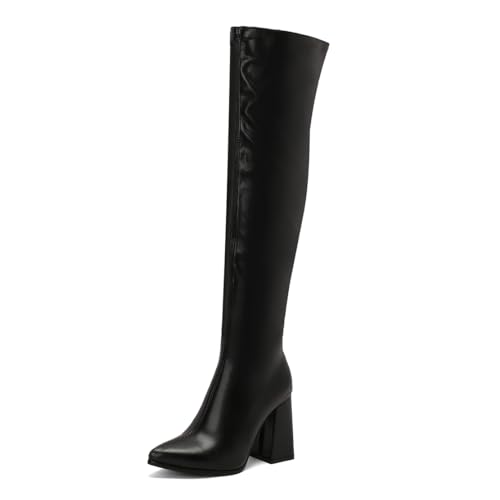 MISSUIT Damen Overknee Stiefel Spitze Blockabsatz Reißverschluss(Schwarz,38) von MISSUIT
