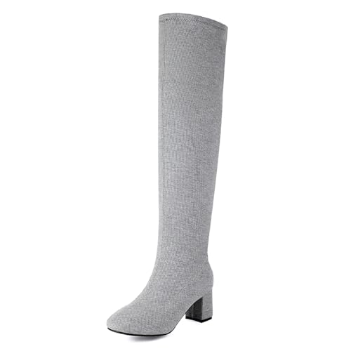 MISSUIT Damen Overknee Stiefel Stretch Blockabsatz High Heels Boots(Grau,38) von MISSUIT