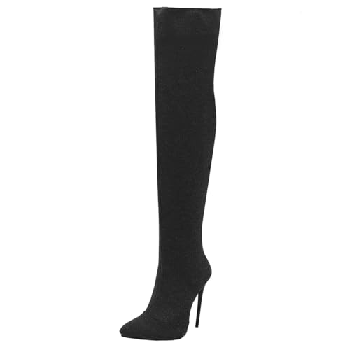 MISSUIT Damen Overknee Stiefel Stretch Stiletto Absatz Spitze High Heels Reißverschluss(Grau,41) von MISSUIT