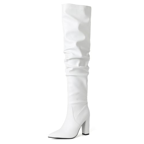 MISSUIT Damen Overknee Stiefel mit Blockabsatz Spitze Slouch(Weiß,39) von MISSUIT