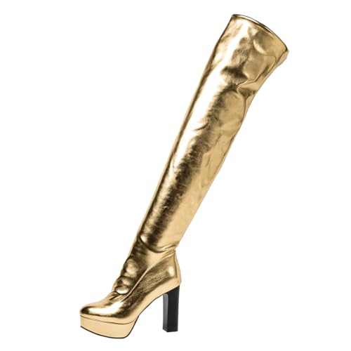 MISSUIT Damen Overknee Stiefel mit Plateau Metallic Blockabsatz High Heels(Gold,40) von MISSUIT