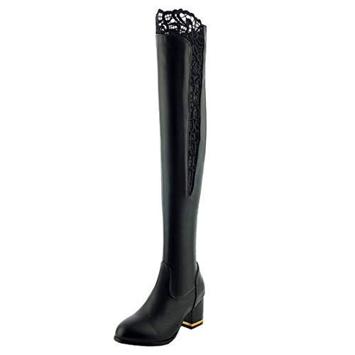 MISSUIT Damen Overknee Stiefel mit Spitze und 6cm Absatz reißverschluss Chunky Heels Blockabsatz Boots(Schwarz,38) von MISSUIT