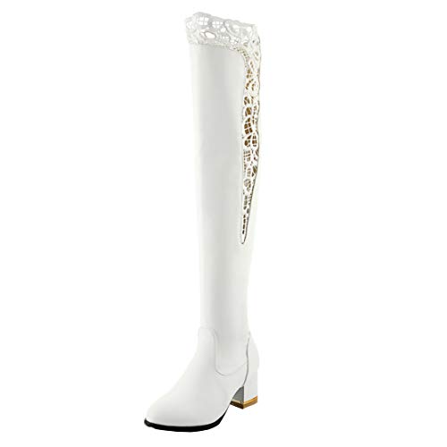 MISSUIT Damen Overknee Stiefel mit Spitze und 6cm Absatz reißverschluss Chunky Heels Blockabsatz Boots(Weiß,40) von MISSUIT