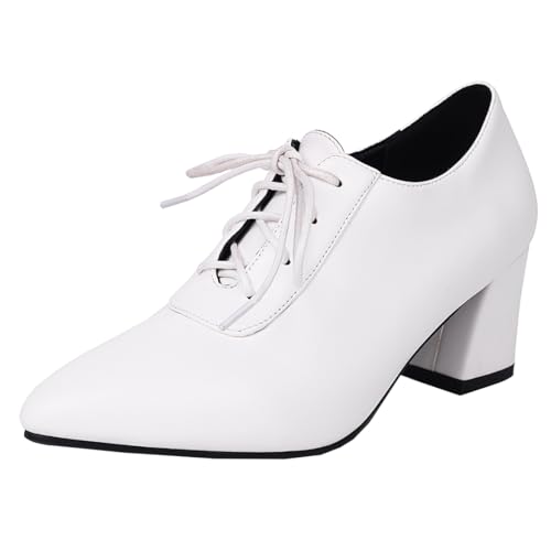 MISSUIT Damen Oxford Pumps Spitze Schnürhalbschuhe mit Blockabsatz Schuhe(Weiß,41) von MISSUIT