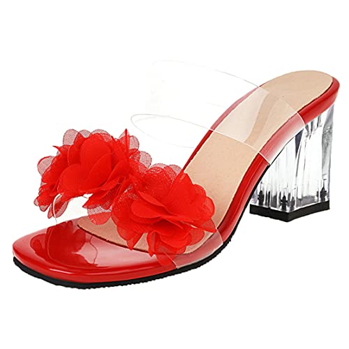 MISSUIT Damen Pantoletten Transparent Mules Blockabsatz High Heels Sandalen Pantoffeln Outdoor Slipper Schuhe(Rot,39) von MISSUIT