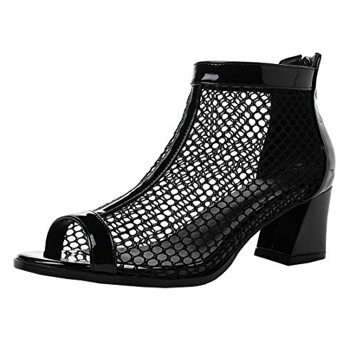 MISSUIT Damen Peeptoe Blockabsatz Sommerstiefeletten mit Reißverschluss Mesh Cut Out Ankle Boots Schuhe(Schwarz,40) von MISSUIT