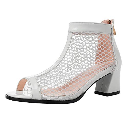 MISSUIT Damen Peeptoe Blockabsatz Sommerstiefeletten mit Reißverschluss Mesh Cut Out Ankle Boots Schuhe(Weiß,41) von MISSUIT