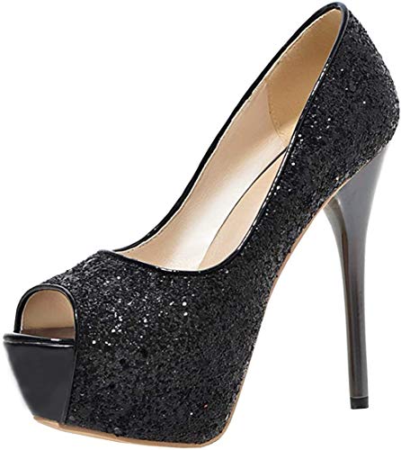 MISSUIT Damen Peeptoe Glitzer High Heels Plateau Pumps Stiletto Extreme Pailletten Hochzeit Schuhe(Schwarz,35) von MISSUIT