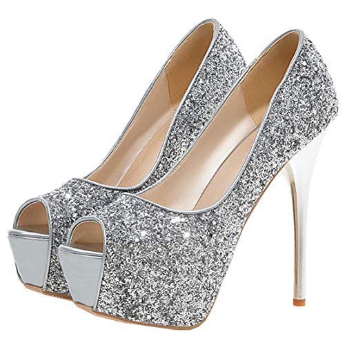 MISSUIT Damen Peeptoe Glitzer High Heels Plateau Pumps Stiletto Extreme Pailletten Hochzeit Schuhe(Silber,37) von MISSUIT