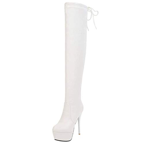 MISSUIT Damen Plateau High Heels Extrem Overknee Stiefel mit Schnürung Stiletto Platform Boots Reißverschluss(Weiß,38) von MISSUIT