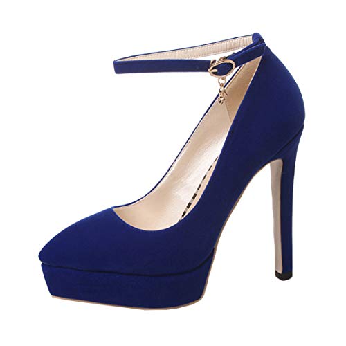 MISSUIT Damen Plateau High Heels Spitze Pumps mit Riemchen Stiletto Absatz Geschlossen Schuhe(Blau,41) von MISSUIT