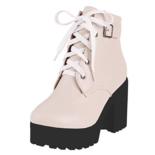 MISSUIT Damen Plateau High Heels Stiefeletten Blockabsatz Ankle Boots mit Schnürung(Beige 1,36) von MISSUIT