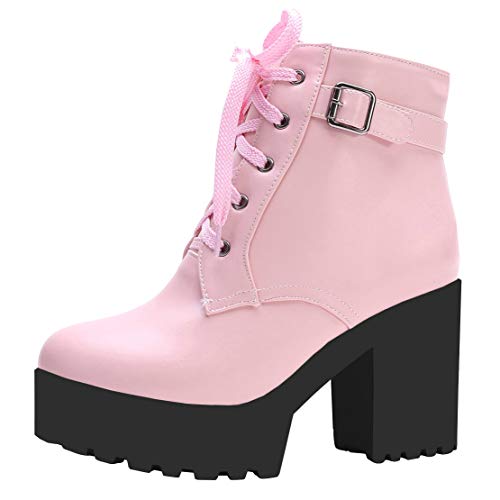 MISSUIT Damen Plateau High Heels Stiefeletten Blockabsatz Ankle Boots mit Schnürung(Pink 1,41) von MISSUIT