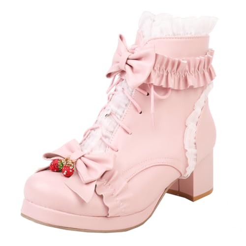 MISSUIT Damen Plateau High Heels Stiefeletten Blockabsatz Ankle Boots mit Schnürung Schleife Reißverschluss Schnürstiefeletten Spitze Schuhe(Pink,46) von MISSUIT