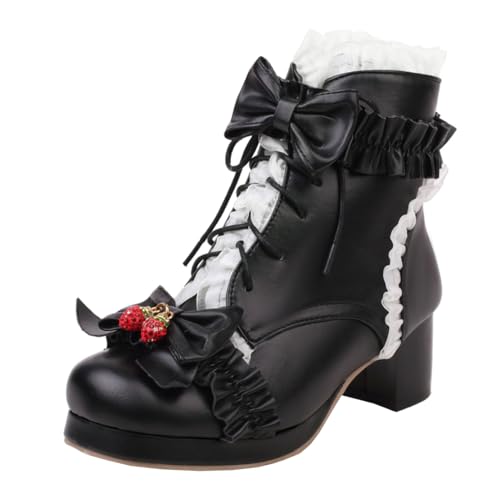 MISSUIT Damen Plateau High Heels Stiefeletten Blockabsatz Ankle Boots mit Schnürung Schleife Reißverschluss Schnürstiefeletten Spitze Schuhe(Schwarz,37) von MISSUIT