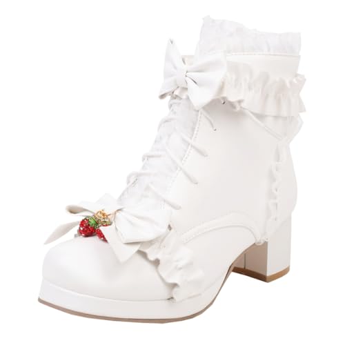 MISSUIT Damen Plateau High Heels Stiefeletten Blockabsatz Ankle Boots mit Schnürung Schleife Reißverschluss Schnürstiefeletten Spitze Schuhe(Weiß,36) von MISSUIT