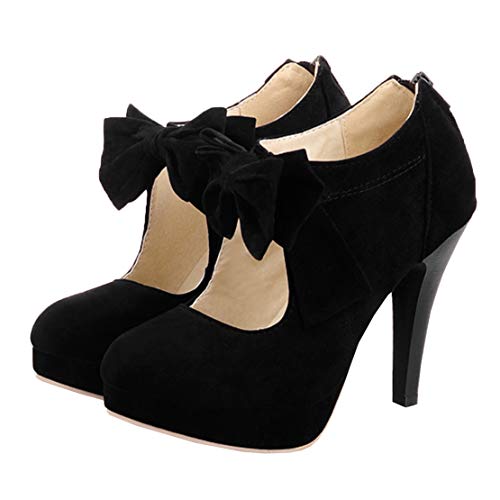 MISSUIT Damen Plateau High Heels Stiletto Pumps mit Riemchen und Schleife Reißverschluss Hinten(Schwarz,39) von MISSUIT