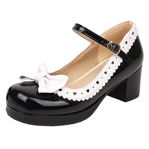 MISSUIT Damen Plateau Mary Jane Blockabsatz Lack Pumps mit Riemchen Schleife Geschlossen Rockabilly Schuhe(Schwarz4,46) von MISSUIT