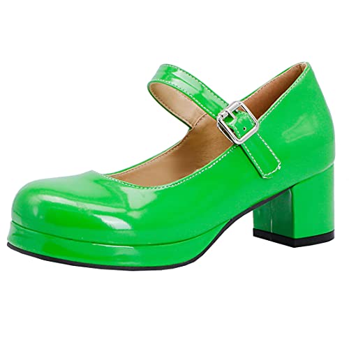 MISSUIT Damen Plateau Mary Jane High Heels Blockabsatz Pumps mit Riemchen Lack Chunky Heels Pumps(Grün,40) von MISSUIT