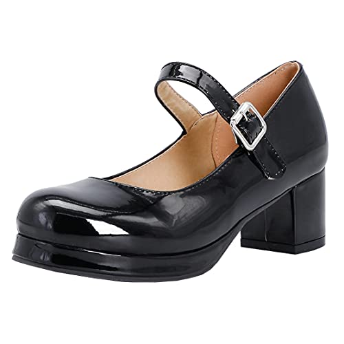 MISSUIT Damen Plateau Mary Jane High Heels Blockabsatz Pumps mit Riemchen Lack Chunky Heels Pumps(Schwarz,45) von MISSUIT