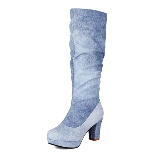 MISSUIT Damen Plateau Stiefel Denim Blockabsatz Kniehohe Stiefel High Heels Slouch(Blau,39) von MISSUIT