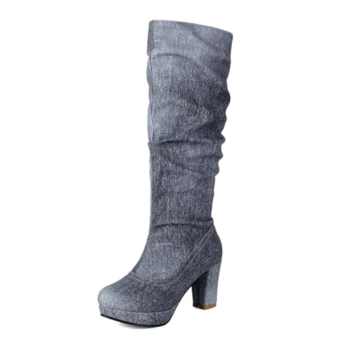 MISSUIT Damen Plateau Stiefel Denim Blockabsatz Kniehohe Stiefel High Heels Slouch(Grau,39) von MISSUIT