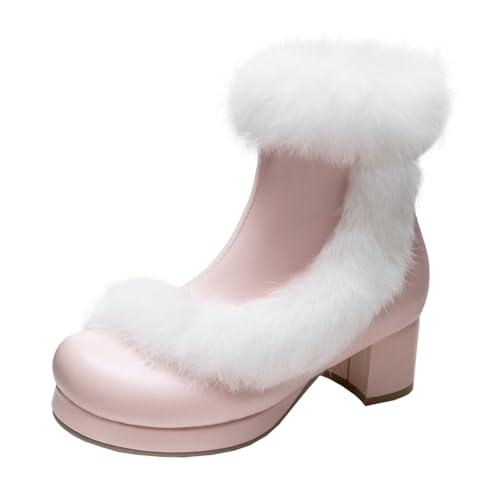 MISSUIT Damen Plateau Stiefeletten mit Fell Blockabsatz Winter Ankle Boots(Pink,41) von MISSUIT