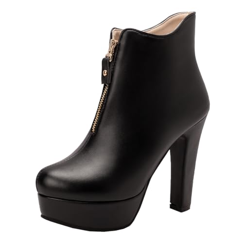 MISSUIT Damen Plateau Stiefeletten mit Reißverschluss Blockabsatz High Heels(Schwarz,44) von MISSUIT