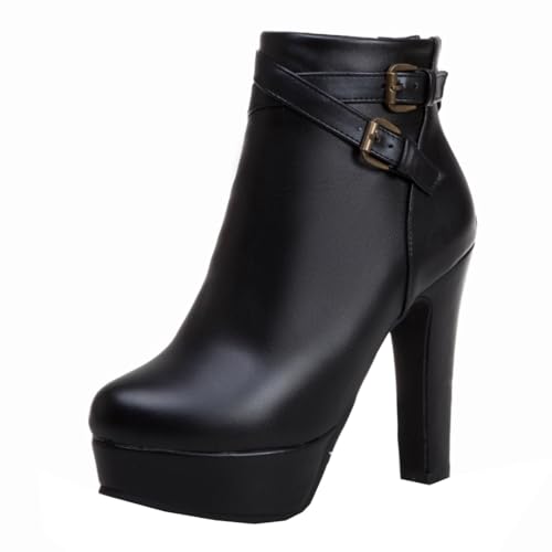 MISSUIT Damen Plateau Stiefeletten mit Schnallen Blockabsatz High Heels Reißverschluss(Schwarz,37) von MISSUIT
