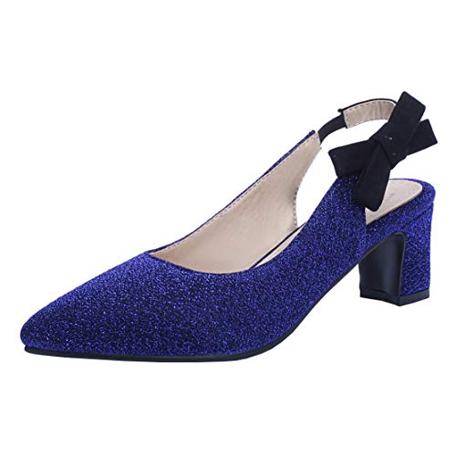 MISSUIT Damen Riemchen Slingpumps Glitzer Slingback Pumps Blockabsatz Spitz Schuhe(Blau,34) von MISSUIT