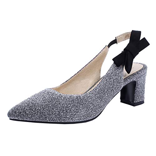 MISSUIT Damen Riemchen Slingpumps Glitzer Slingback Pumps Blockabsatz Spitz Schuhe(Silber,43) von MISSUIT