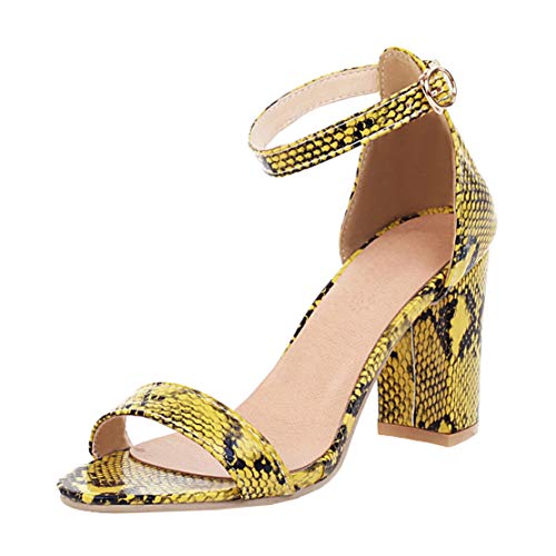 MISSUIT Damen Riemchensandaletten mit Blockabsatz High Heels Sandaletten Schlangenmuster Knöchelriemchen Schuhe(Gelb,41) von MISSUIT